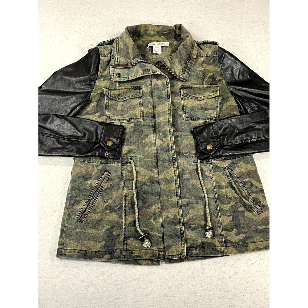 Sans Souci‎ Military Jacket Womens Small Green Camouflage Faux Leather Sleeve